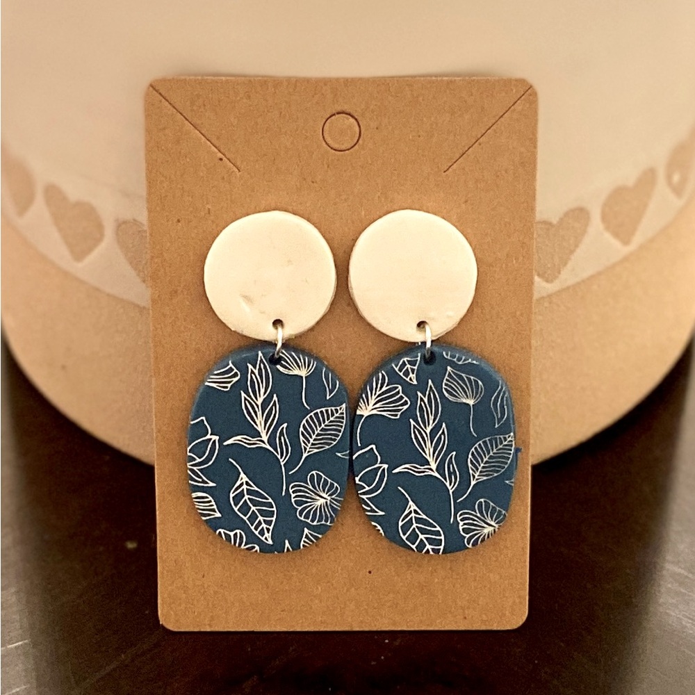 Blue & White Floral Print Clay Earrings